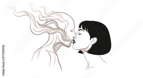 Whimsical line art depicting ethereal kiss between a woman and a smoke-like figure