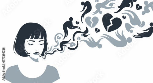 Smoking woman with broken heart and figures symbolizing emotional distress and negativity