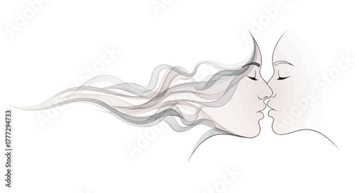 Minimalist sketch of two faces in a tender kiss with flowing hair representing intimacy and love