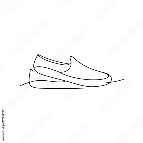 Continuous line art drawing of modern pair of slip-on shoes
