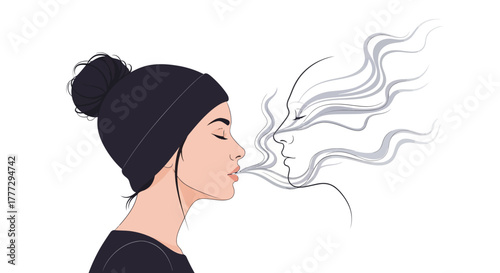 Vector illustration of a woman blowing smoke towards another face creating an ethereal connection