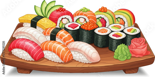 Sushi and nigiri platter with shrimp and salmon, digital illustration isolated.