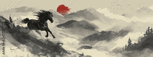 A dynamic ink brush horse galloping through swirling clouds.  New Year poster design, 2026 celebration materials, cultural branding, zodiac festival promotions, traditional art exhibitions, holiday