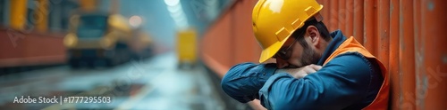 Exhausted construction worker slumped against a safety barrier, hard hat askew, reflecting the weariness of a demanding job with inherent risks , construction safety, tired worker, site