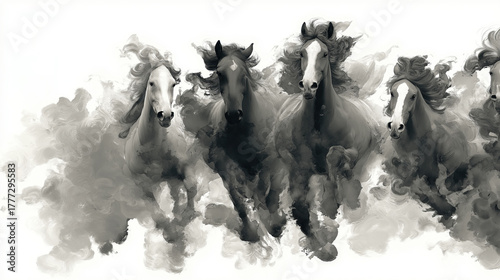 A dynamic ink brush horse galloping through swirling clouds.  New Year poster design, 2026 celebration materials, cultural branding, zodiac festival promotions, traditional art exhibitions, holiday