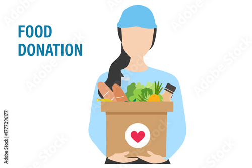 woman holds food box. Food donation concept, social care, volunteering, support for people vector illustration

Keywords language: English

