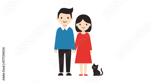 Charming cartoon illustration of a happy couple holding hands with a black cat illustration