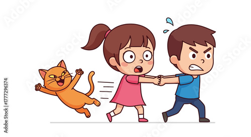 Comical cartoon scene of a fleeing boy, reluctant girl, and gleeful pursuing cat scenario