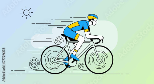 Dynamic cyclist illustration with bold lines conveying speed and freedom of movement on pastel