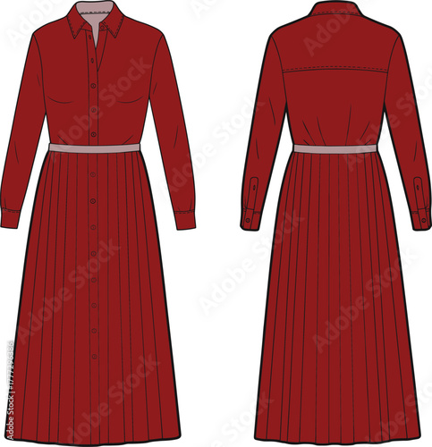 Elegant red button-down pleated dress, long sleeve formal wear, classic tailored fashion, collared waist detail, front and back view illustration