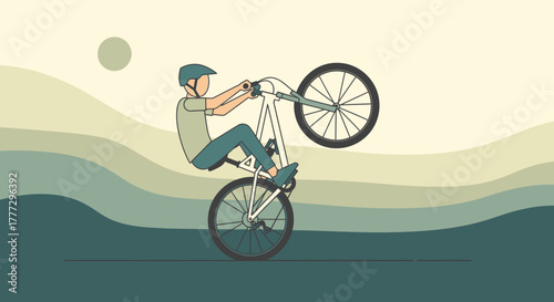 A cyclist performing a wheelie on a mountain bike with a scenic wavy backdrop creates a dynamic