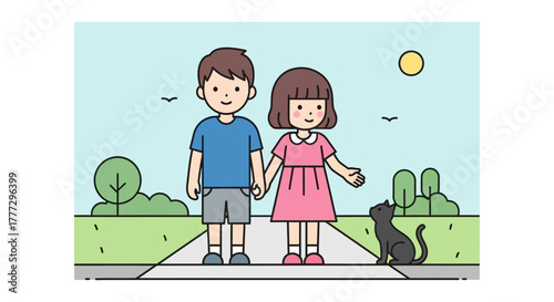 Whimsical stroll through the park, a tender bond shared, with a curious feline friend nearby