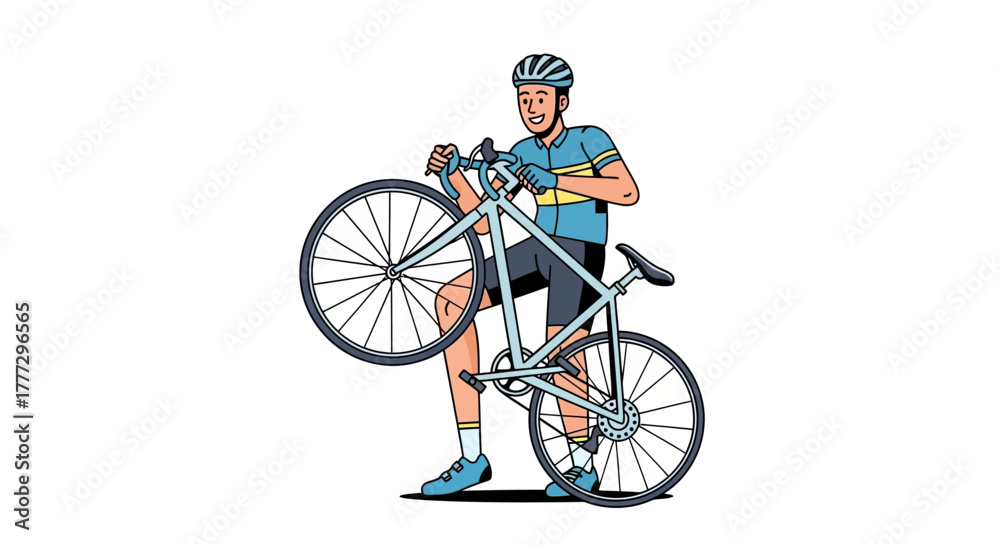 Fototapeta premium A cyclist holding up his road bike with a smile, demonstrating maintenance and cycling passion for