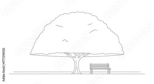 Minimalist illustration of a tree with a rounded crown and a bench underneath it for creative