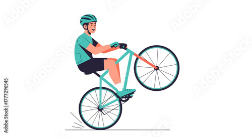 Adventurous cyclist performing a wheelie stunt displaying balance and skill on a bicycle