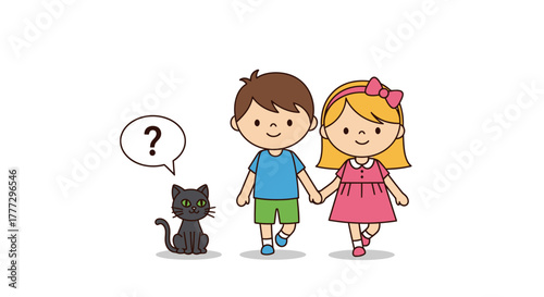Illustration depicting a curious cat observing a boy and girl holding hands walking together