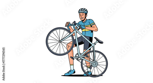 A cyclist holding up his road bike with a smile, demonstrating maintenance and cycling passion for