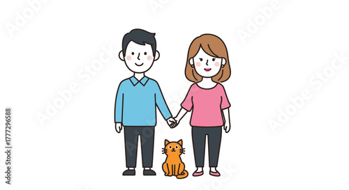 Charming cartoon depiction of a couple holding hands with their adorable orange cat in simplistic