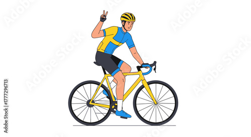 Enthusiastic cyclist enjoying the ride with a peace sign on a bright yellow bicycle