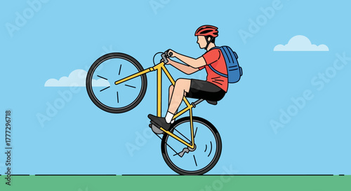 Cartoon character performing a wheelie on a bicycle outdoors with a backpack and helmet on