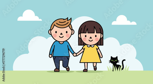 Charming cartoon illustration featuring a young couple walking hand in hand and a black cat