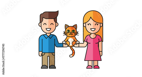 Delightful cartoon illustration of a family adopting their new adorable orange tabby cat
