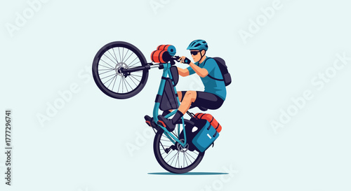Adventurous cyclist performs wheelie on fully loaded touring bike minimalist design