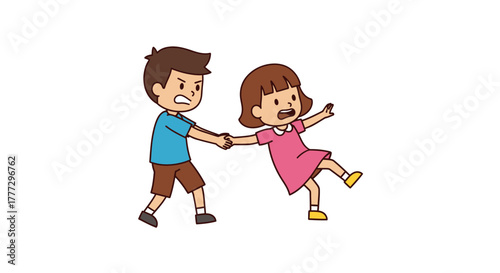 Sibling rivalry escalating into a cartoon conflict between a boy and a girl in a dispute