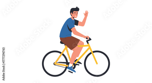 Animated illustration of a friendly cyclist waving while riding a yellow bicycle isolated on a