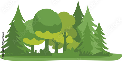 Forest illustration, green trees, nature background, woodland scene, coniferous and broadleaf, eco landscape, lush foliage, environmental art, natural habitat, greenery