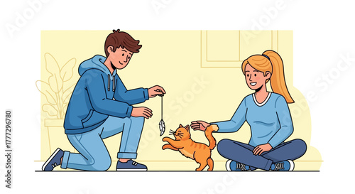 Couple engaging in playtime with their adorable ginger cat, creating joyful moments together in a