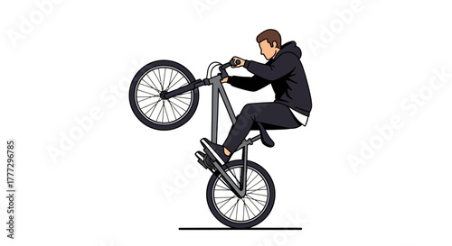 Dynamic biker executing a wheelie stunt on a bike with a clean and modern aesthetic