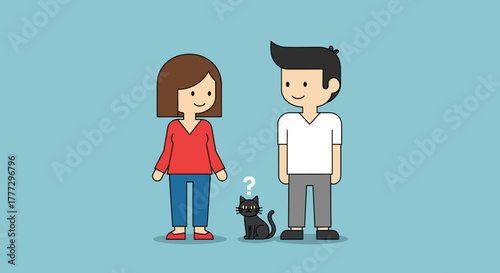 Cartoon couple finds a lost black cat and wonders who is the owner of the pet