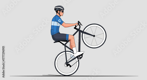 Cyclist performing a wheelie on a road bike, showcasing balance and skill in cycling stunt