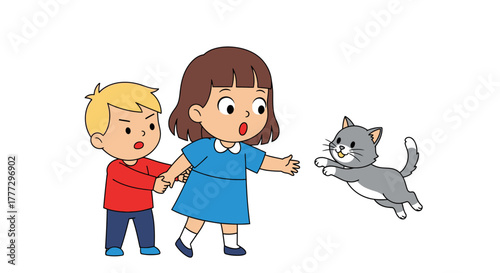 Animated illustration of two children interacting with a playful leaping gray kitten on a white