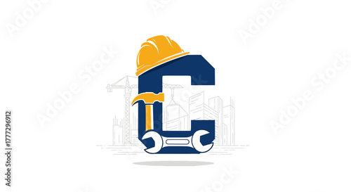 Construction company logo design featuring the letter C with a hard hat, hammer, and wrench on a white background.