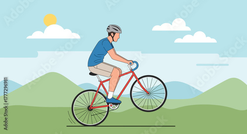 Illustration of a cyclist enjoying a ride on a sunny day, set against a backdrop of rolling hills