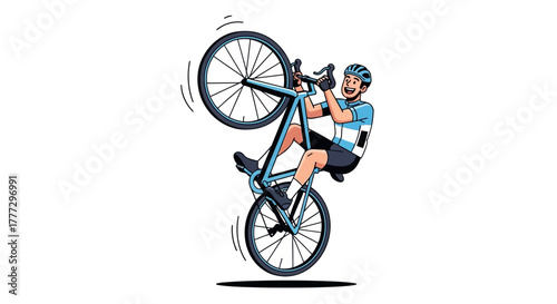 Cartoon cyclist performing a wheelie with happy expression and dynamic motion blur effect