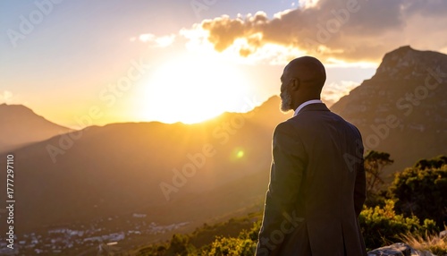 Person in suit overlooks mountain range at sunset, clouds & golden light. View from behind over landscape