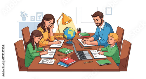 Family Learning Together Parents and Children Doing Homework Around Table