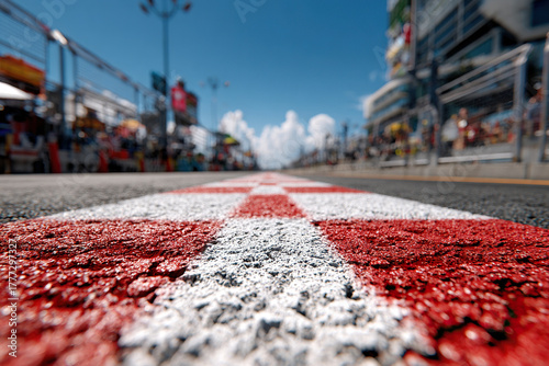A ground-level view of the race track start on a sunny day. High-speed concept. Race track.