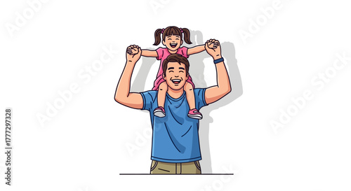 Father and Daughter Happy Child Rides on Shoulders