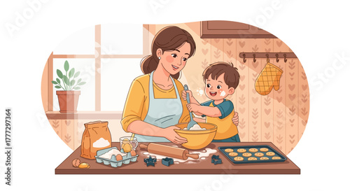 Happy Mother and Child Baking Cookies in the Kitchen Family Time Illustration