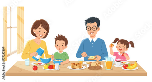 Happy Family Enjoying Breakfast Together at Home Healthy Food and Lifestyle Concept