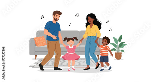 Happy Family Dancing in Living Room with Children Enjoying Music and Time Together
