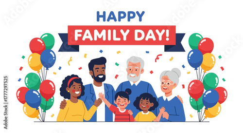 Happy Family Day Celebration with Balloons and Confetti Vector Illustration