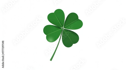 Isolated image showing a green four leaf clover with a stem on a plain white background surface