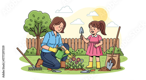Mother and Daughter Gardening Together Planting Flowers in Sunny Backyard