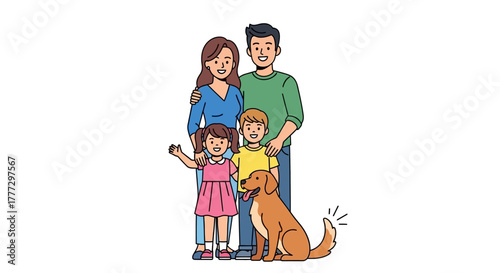 Happy Family Portrait with Golden Retriever Dog Smiling and Cheerful