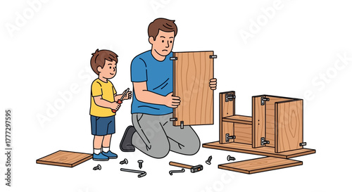 Father and Son Assembling Furniture Together DIY Project and Family Bonding
